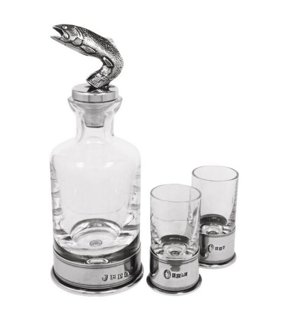 Image 1 of Salmon Themed Pewter Crystal Mini Decanter Shotglass Boxed Set