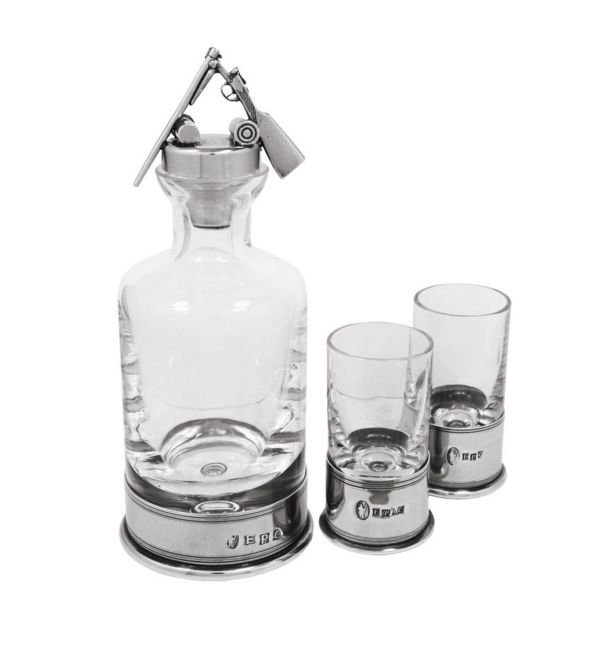 Image 1 of Shotgun Themed Pewter Crystal Mini Decanter Shotglass Boxed Set