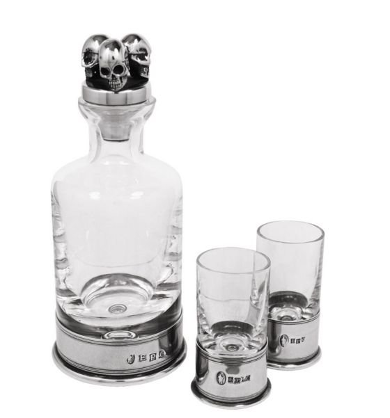Image 1 of Poison Skulls Themed Pewter Crystal Mini Decanter Shotglass Boxed Set