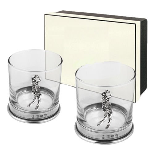 Image 1 of Golf Player Themed Pewter Badge Double Tumbler Boxed Set