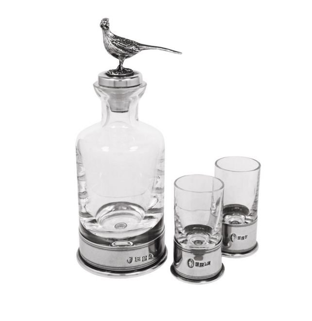 Image 1 of Pheasant Bird Themed Pewter Crystal Mini Decanter Shotglass Boxed Set