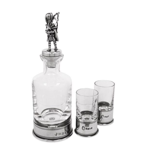 Image 1 of Scottish Bagpiper Themed Pewter Crystal Mini Decanter Shotglass Boxed Set