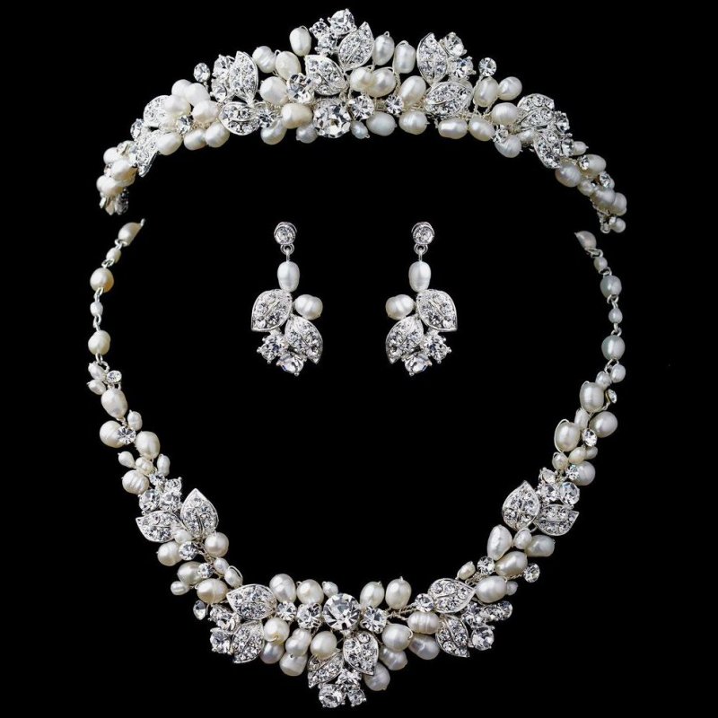 Image 0 of Silver Freshwater Pearl Rhinestone Leaf Tiara Bridal Wedding Jewellery Set