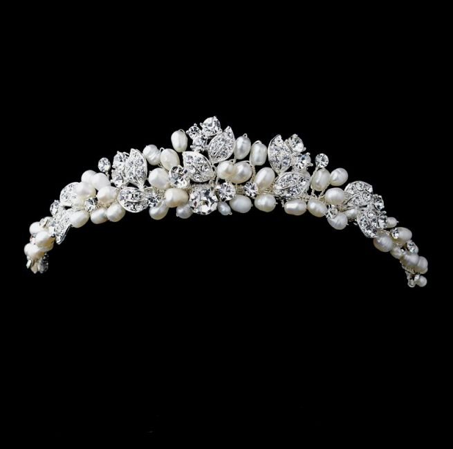 Image 1 of Silver Freshwater Pearl Rhinestone Leaf Tiara Bridal Wedding Jewellery Set