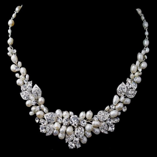 Image 2 of Silver Freshwater Pearl Rhinestone Leaf Tiara Bridal Wedding Jewellery Set
