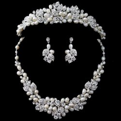 Silver Freshwater Pearl Rhinestone Leaf Tiara Bridal Wedding Jewellery Set