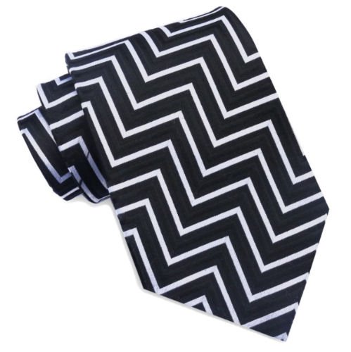 Image 1 of Black White Grey Zigzag Pattern Formal Wedding Straight Mens Neck Tie  