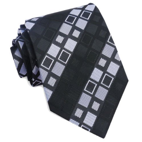 Image 1 of White Grey Black Square Thatch Pattern Formal Wedding Straight Mens Neck Tie 