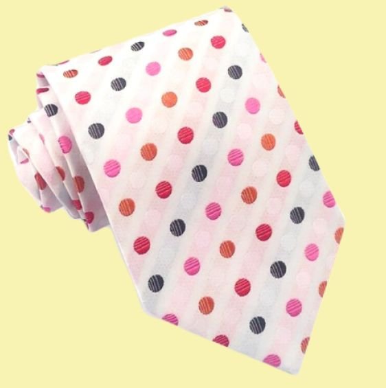 Image 0 of Orange Pink Red Black Polka Dots White Formal Wedding Straight Mens Neck Tie 