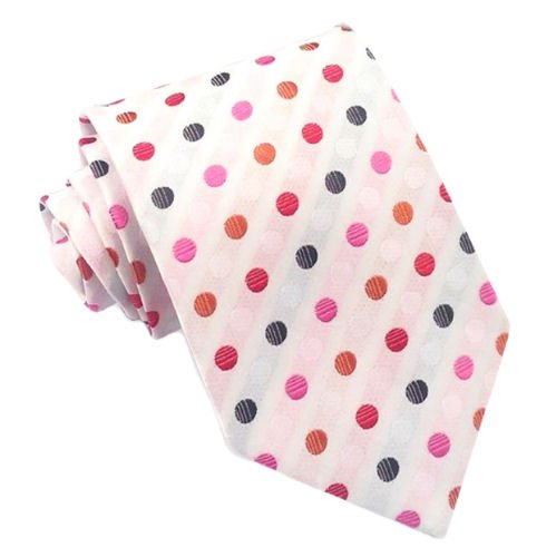 Image 1 of Orange Pink Red Black Polka Dots White Formal Wedding Straight Mens Neck Tie 