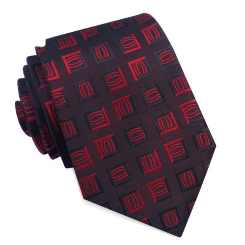 Image 1 of Black Red Square Textured Pattern Formal Wedding Straight Mens Neck Tie 
