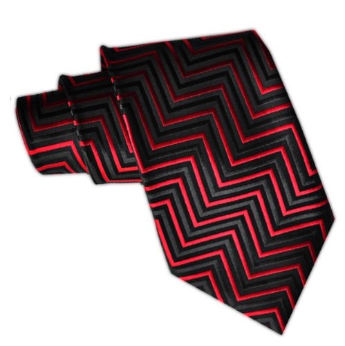 Image 1 of Black Red Zigzag Pattern Formal Wedding Straight Mens Neck Tie 