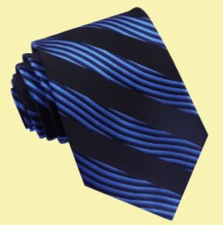 Black Electric Blue Wave Stripes Formal Wedding Straight Mens Neck Tie 