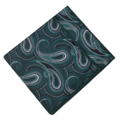 Image 1 of Dark Green White Paisley Groomsmen Groom Wedding Mens Pocket Square