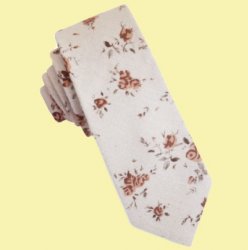 Brown Floral Beige Groomsmen Groom Wedding Slim Skinny Mens Neck Tie 