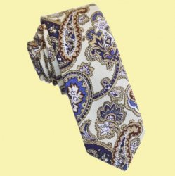 Blue Floral Paisley Cream Groomsmen Groom Wedding Slim Skinny Mens Neck Tie 