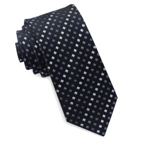 Image 1 of Grey White Squares Black Groomsmen Groom Wedding Slim Skinny Mens Neck Tie 
