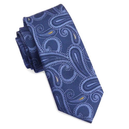 Image 1 of Blue Yellow Paisley Groomsmen Groom Wedding Slim Skinny Mens Neck Tie 