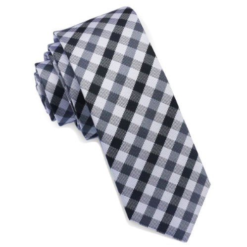 Image 1 of Black Grey White Check Groomsmen Groom Wedding Slim Skinny Mens Neck Tie 