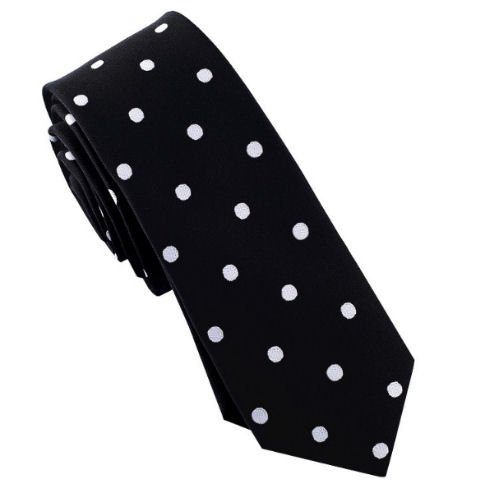 Image 1 of Black White Polka Dots Groomsmen Groom Wedding Slim Skinny Mens Neck Tie 