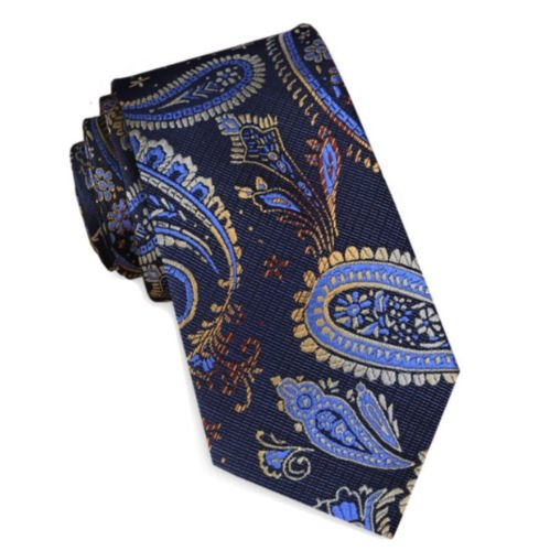 Image 1 of Navy Blue Gold Paisley Groomsmen Groom Wedding Narrow Mens Neck Tie 