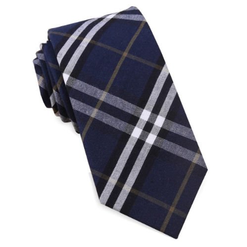 Image 1 of Navy Blue Black White Gold Tartan Groomsmen Groom Wedding Narrow Mens Neck Tie 