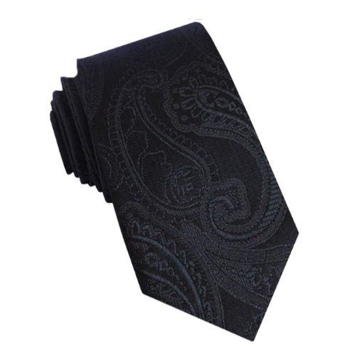 Image 1 of Embossed Jet Black Paisley Groomsmen Groom Wedding Narrow Mens Neck Tie 