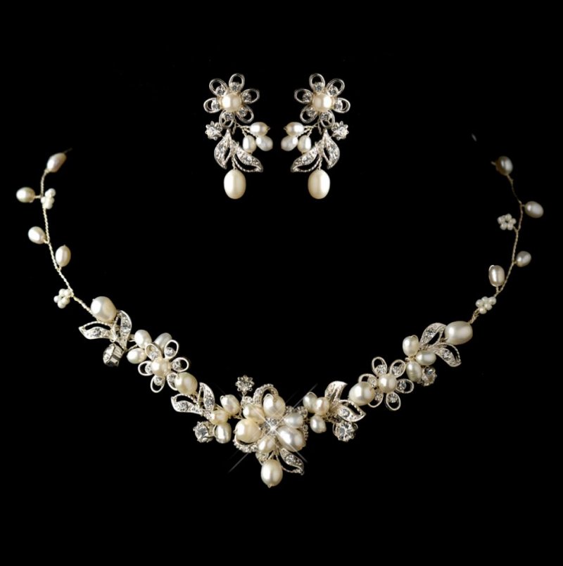 Image 0 of Ivory Freshwater Pearl Rhinestone Floral Wedding Necklace Earrings Bridal Set
