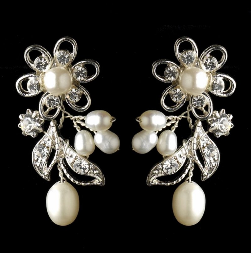Image 1 of Ivory Freshwater Pearl Rhinestone Floral Wedding Necklace Earrings Bridal Set