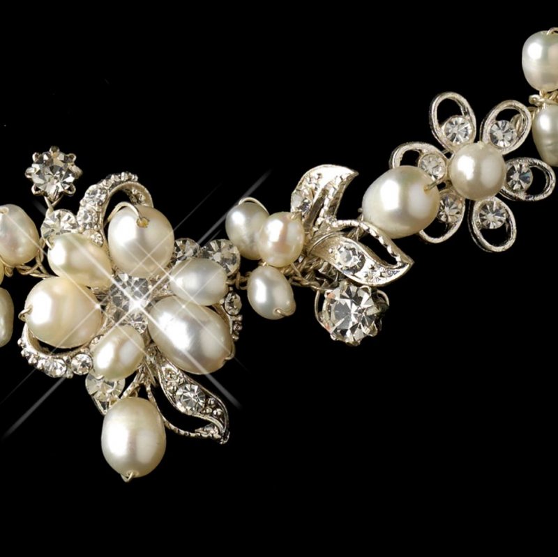 Image 2 of Ivory Freshwater Pearl Rhinestone Floral Wedding Necklace Earrings Bridal Set