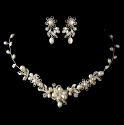 Ivory Freshwater Pearl Rhinestone Floral Wedding Necklace Earrings Bridal Set