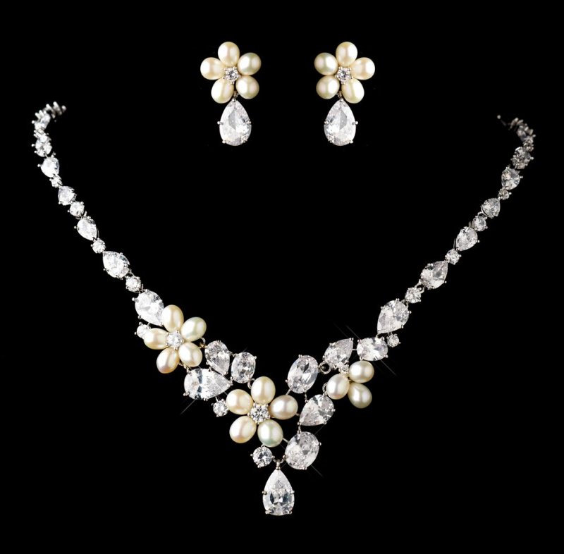 Image 0 of Ivory Freshwater Pearl Cubic Zirconia Wedding Necklace Earrings Bridal Set