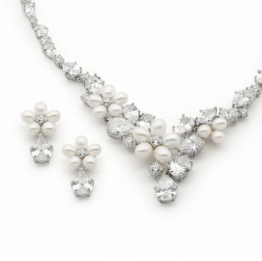 Image 3 of Ivory Freshwater Pearl Cubic Zirconia Wedding Necklace Earrings Bridal Set