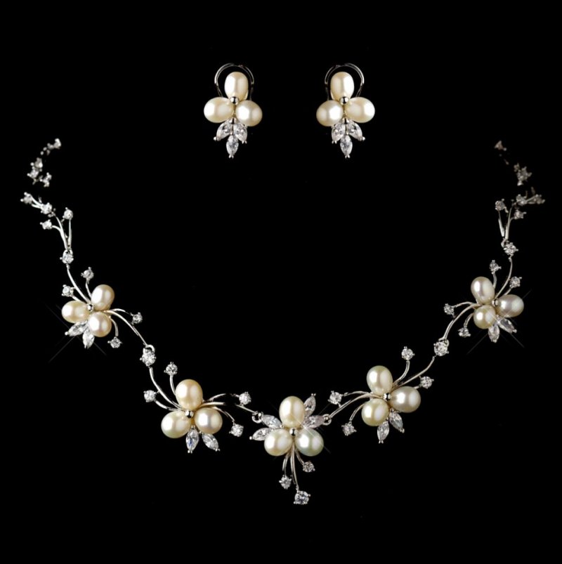 Image 0 of Ivory Freshwater Pearl Cubic Zirconia Floral Wedding Necklace Earring Bridal Set