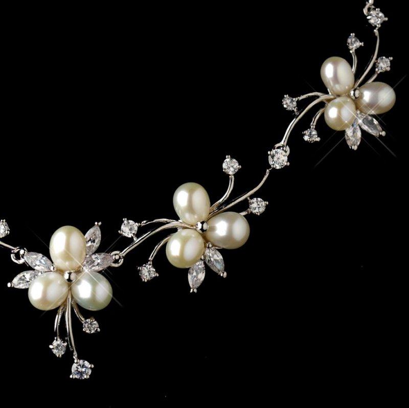 Image 2 of Ivory Freshwater Pearl Cubic Zirconia Floral Wedding Necklace Earring Bridal Set