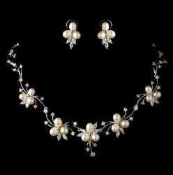 Ivory Freshwater Pearl Cubic Zirconia Floral Wedding Necklace Earring Bridal Set