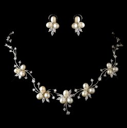 Ivory Freshwater Pearl Cubic Zirconia Floral Wedding Necklace Earring Bridal Set