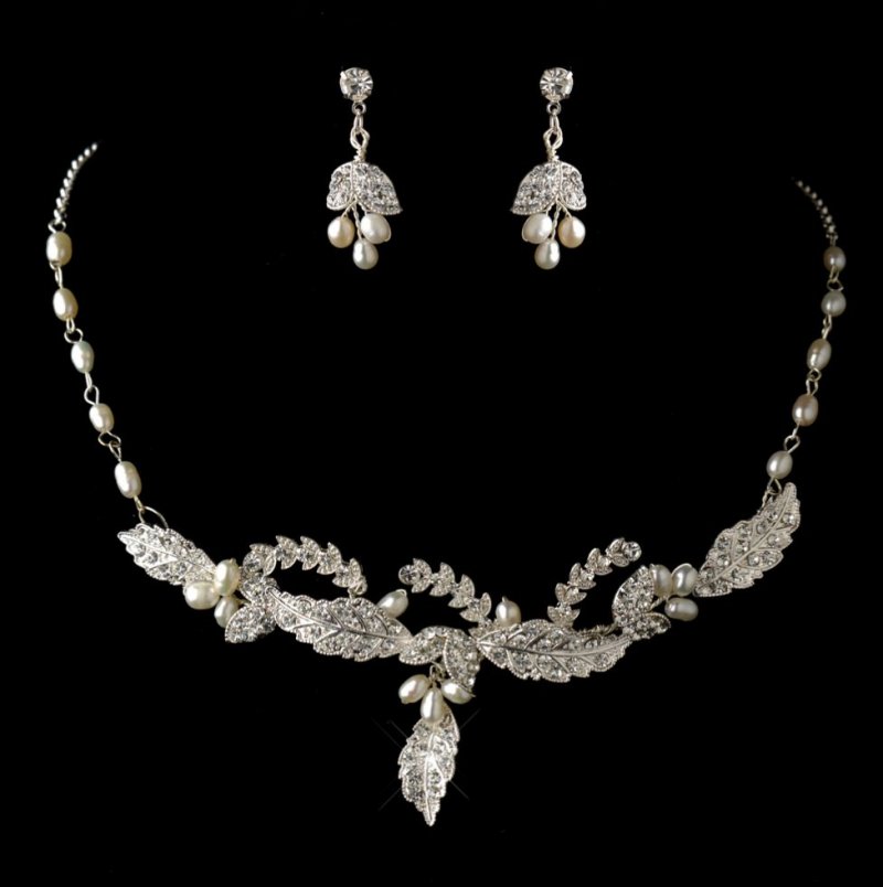 Image 0 of Ivory Freshwater Pearl Rhinestone Leaf Wedding Necklace Earrings Bridal Set