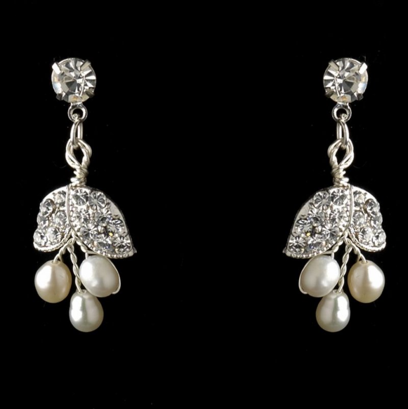 Image 1 of Ivory Freshwater Pearl Rhinestone Leaf Wedding Necklace Earrings Bridal Set