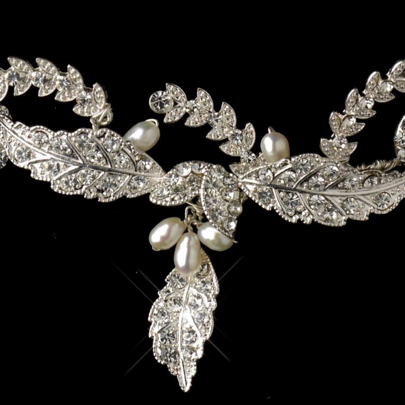 Image 2 of Ivory Freshwater Pearl Rhinestone Leaf Wedding Necklace Earrings Bridal Set