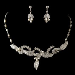 Ivory Freshwater Pearl Rhinestone Leaf Wedding Necklace Earrings Bridal Set