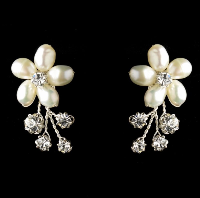 Image 1 of Freshwater Pearl Rhinestone Floral Wedding Necklace Earrings Bridal Set