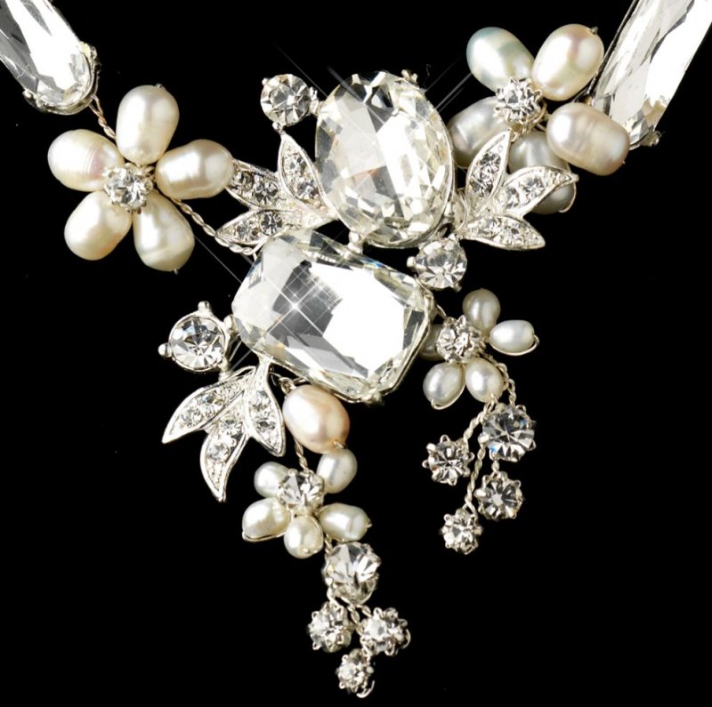 Image 2 of Freshwater Pearl Rhinestone Floral Wedding Necklace Earrings Bridal Set