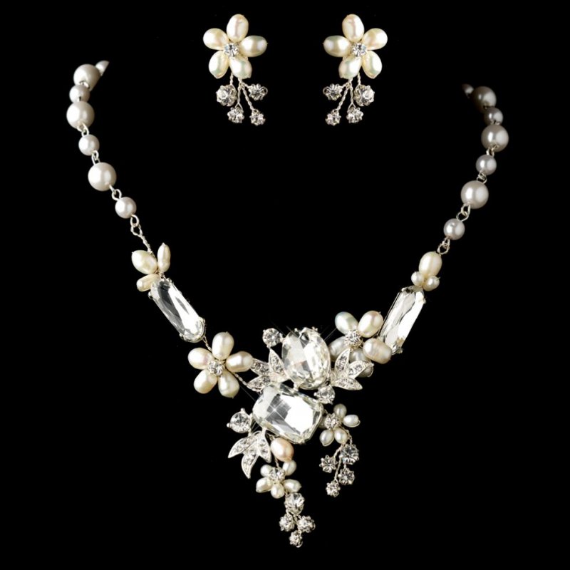 Image 0 of Freshwater Pearl Rhinestone Floral Wedding Necklace Earrings Bridal Set