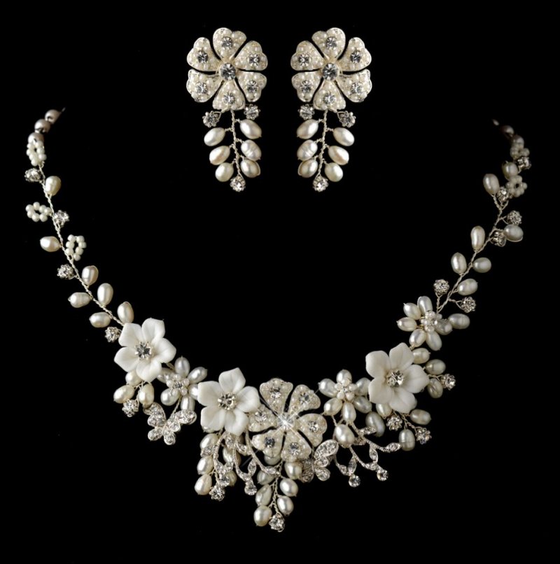 Image 0 of Freshwater Pearl Rhinestone Porcelain Floral Wedding Necklace Earring Bridal Set