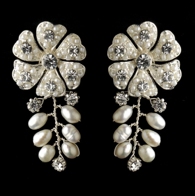 Image 1 of Freshwater Pearl Rhinestone Porcelain Floral Wedding Necklace Earring Bridal Set