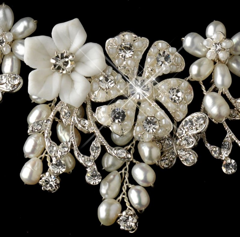 Image 2 of Freshwater Pearl Rhinestone Porcelain Floral Wedding Necklace Earring Bridal Set