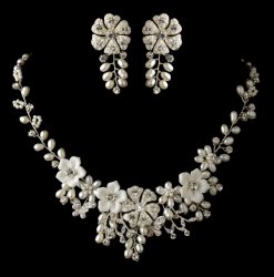 Freshwater Pearl Rhinestone Porcelain Floral Wedding Necklace Earring Bridal Set