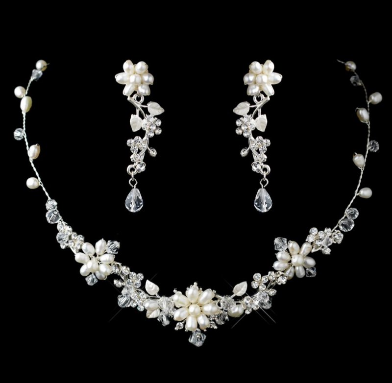 Image 0 of Freshwater Pearl Crystal Bead Floral Wedding Necklace Earrings Bridal Set