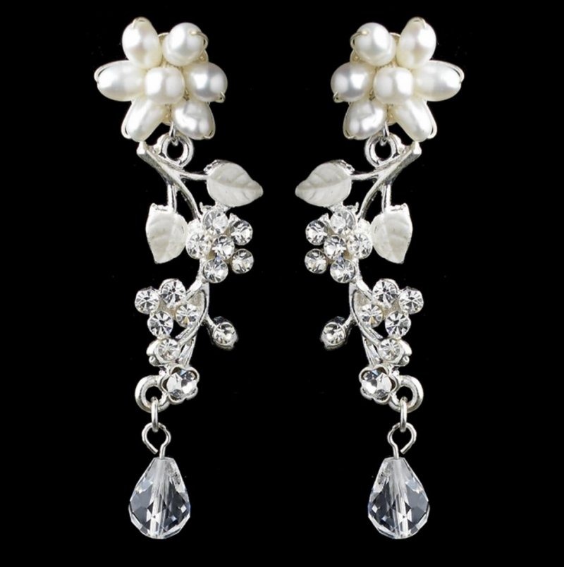 Image 1 of Freshwater Pearl Crystal Bead Floral Wedding Necklace Earrings Bridal Set